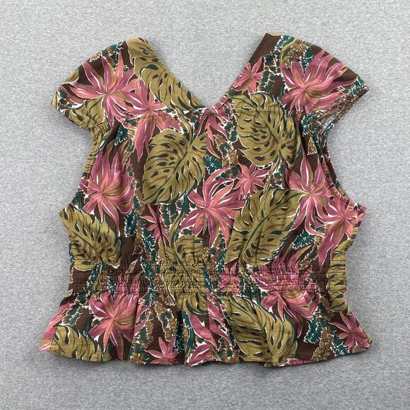 Madewell Top Womens XXL Green Pink Tropical Floral Linen Blend Cap Sleeve Summer - Picture 2 of 15